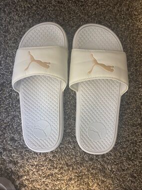 Puma White Slides with Gold Puma Logo